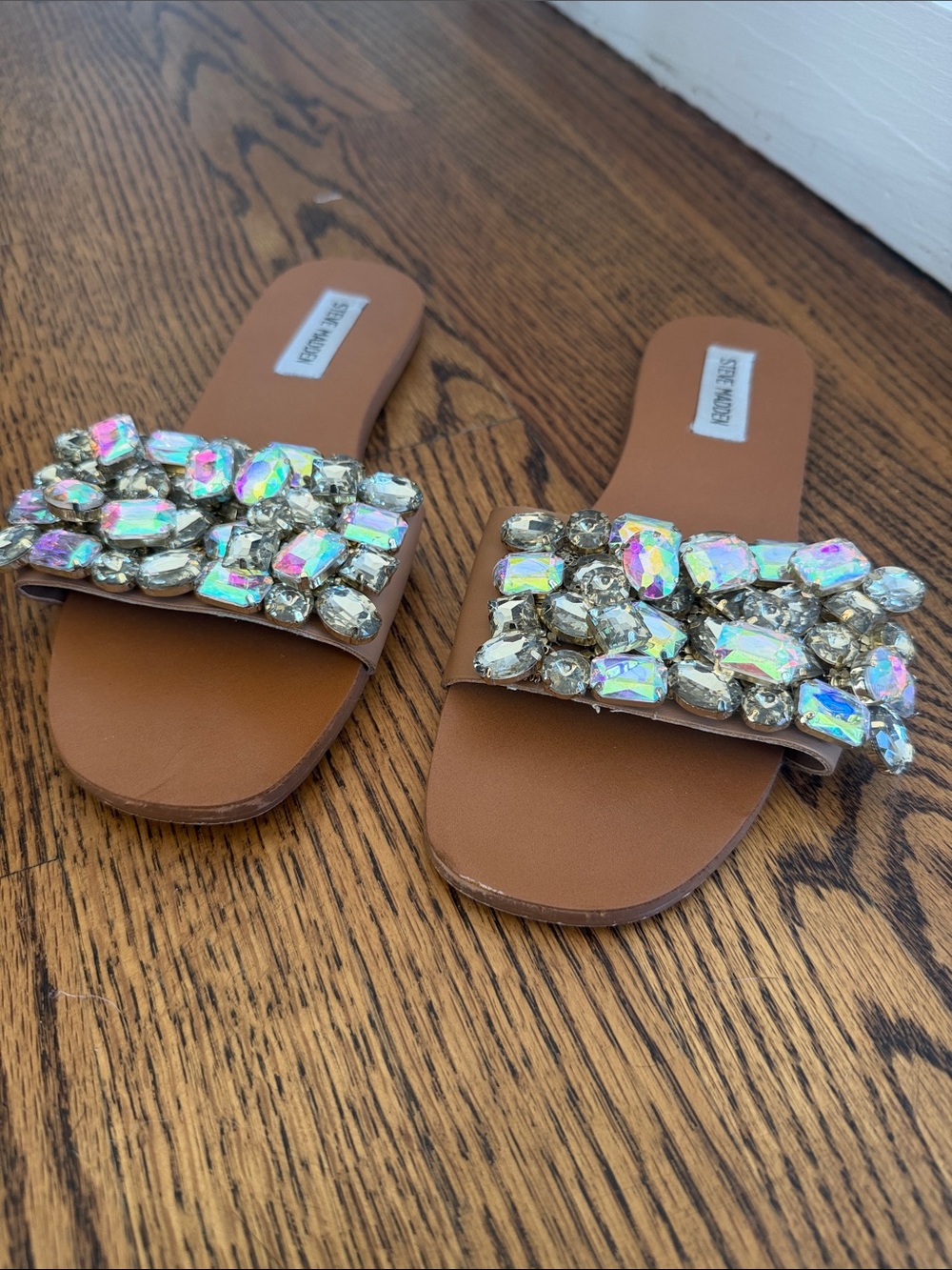 Steve Madden Embellished Brown Slide Sandals with Iridescent Gems